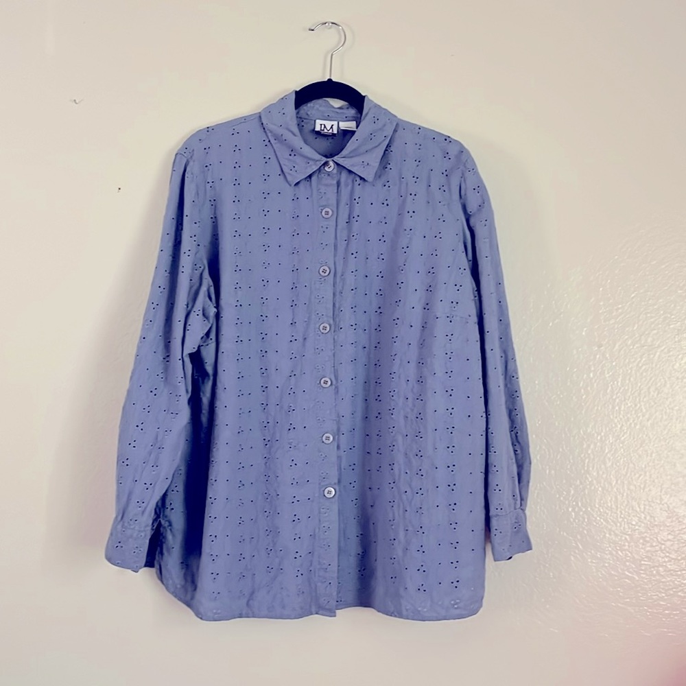 JM Collection Women Linen Button Down Shirt Long Sleeve Collared Sx 1X Blue Eyel